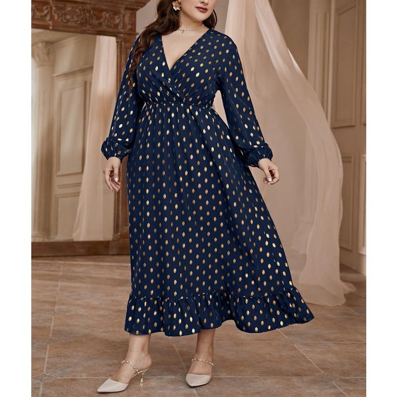 Плюс Размер Женщин Высокая Талия Горошек Новое Платье Эластичный Пояс Принт