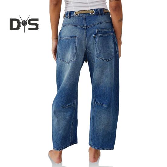 Women's Wide Leg Barrel Jeans Low Rise Drawstring Denim Ankle Pants Elastic Waist Stretchy Baggy Boyfriend Trouser