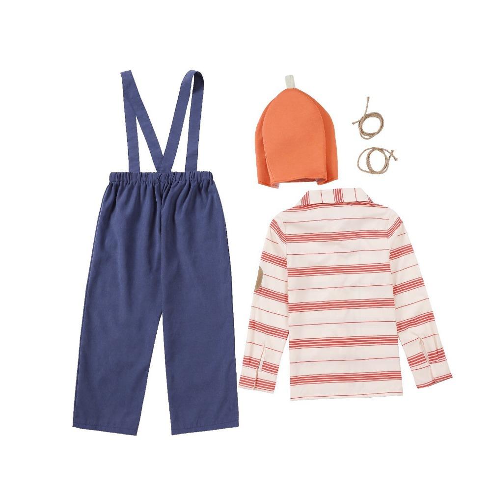 Adult Unisex Men Women Pumpkin Headgear Striped Shirt Patch Overalls Jumpsuit Sets Halloween Cosplay Costumes Party Outfit