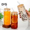 Glass Tumbler with Bamboo Lid Brushes Straw 470ml Can Shaped Glass Cups for Iced Coffee Soda Tea Beer & Ice Coffee Glasses Reusable Glassware