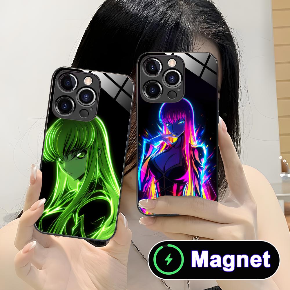 Аниме Неон C.C Чехол для телефона для iPhone 17 16 15 14 13 12 11 Air Pro Max Plus Mini Стеклянная MagSafe Крышка