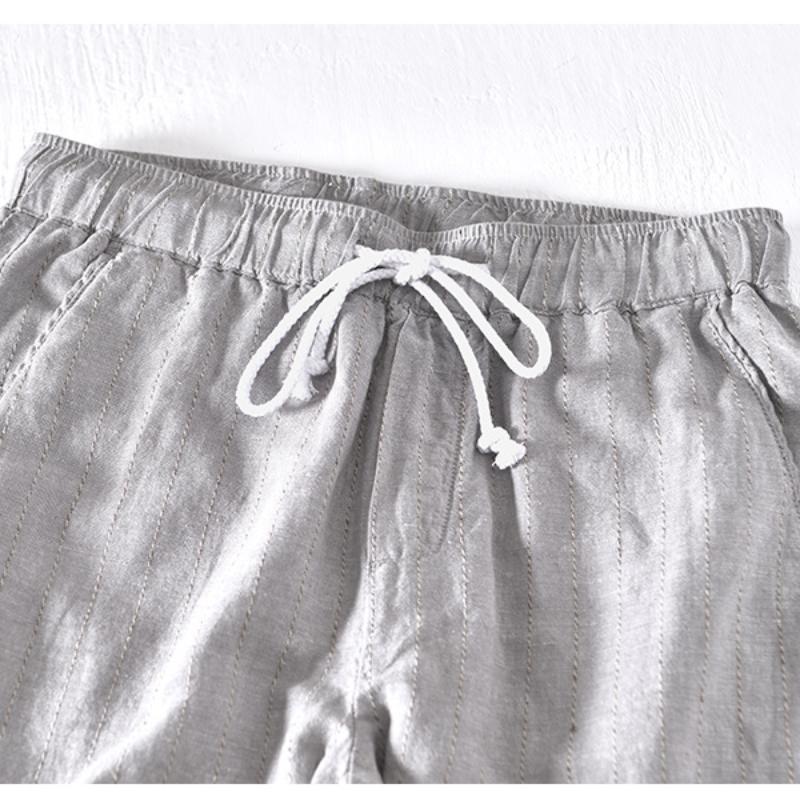 Летние хлопковые льняные мужские брюки, узкие брюки с эластичной талией и завязками на шнурке, повседневные дышащие модные полосатые мужские брюки