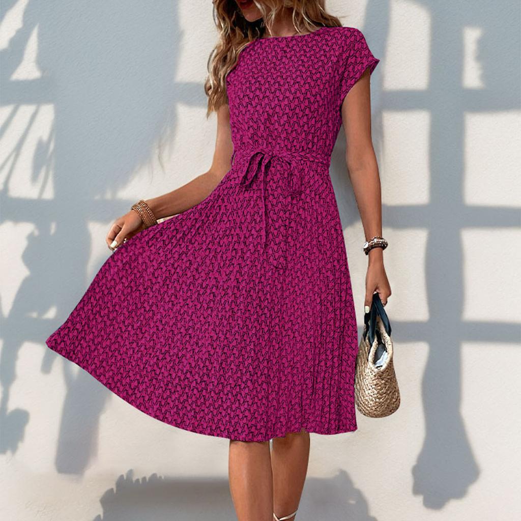 Summer Women's Dress Round Neck Elegant Fashion Printed Pleated Dresses