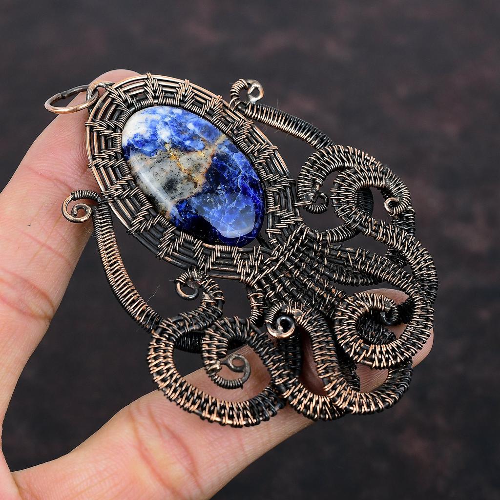 Кулон из содалита, обернутый медной проволокой, Кулон из драгоценного камня, Медные украшения, Кулон ручной работы, Кулон в виде осьминога, Подарок для него, Удивительные украшения из проволоки