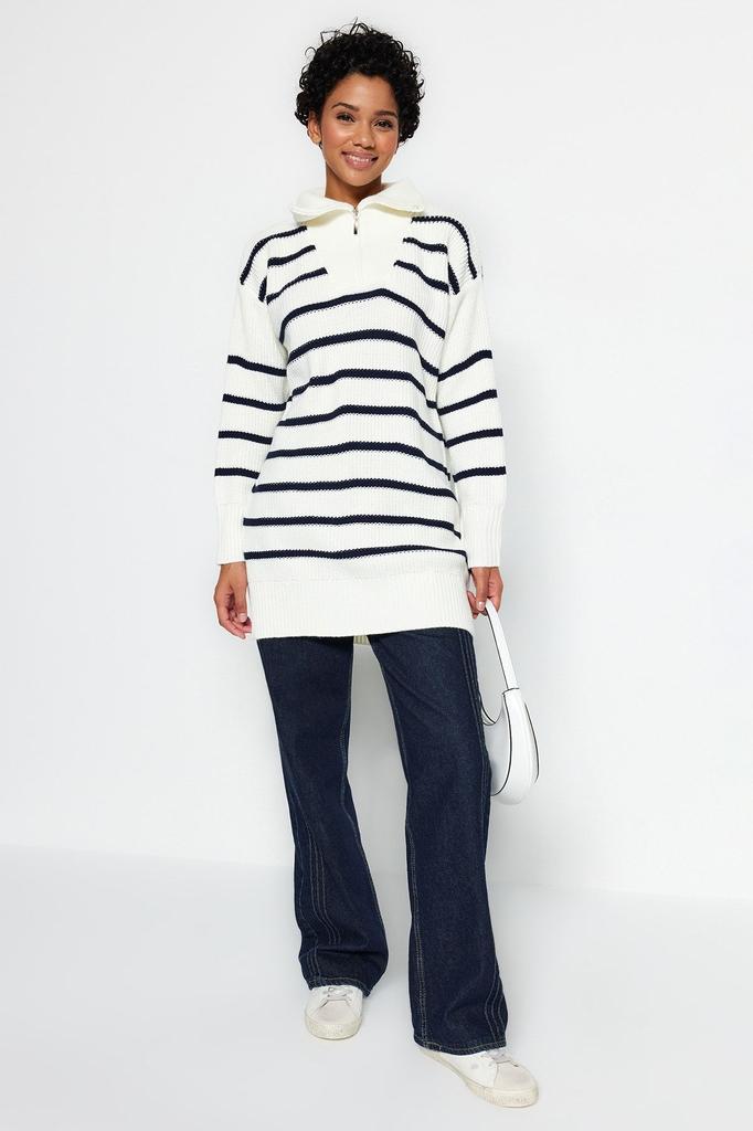 Женский модный стильный хиджаб-свитер, черный, в полоску, с воротником, на молнии, вязаный свитер