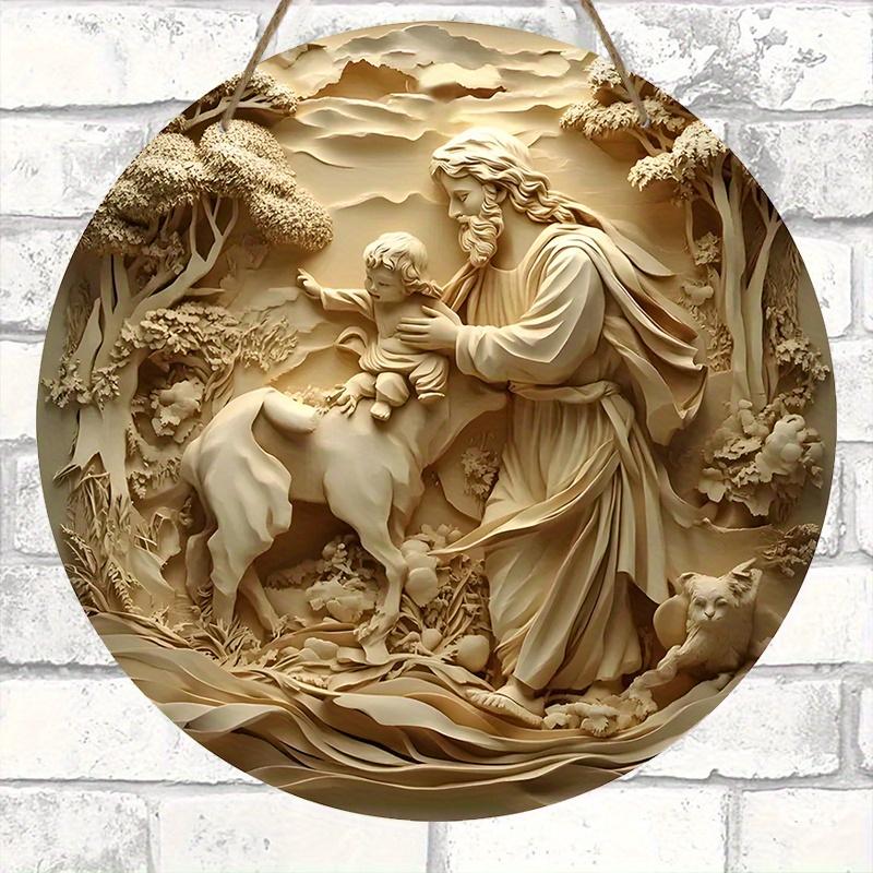 1 шт. Деревянная табличка с изображением Рождества Иисуса - эффект рельефа 2D, круглая настенная подвеска для декора церкви и дома, идеальное рождественское украшение, рождественский декор