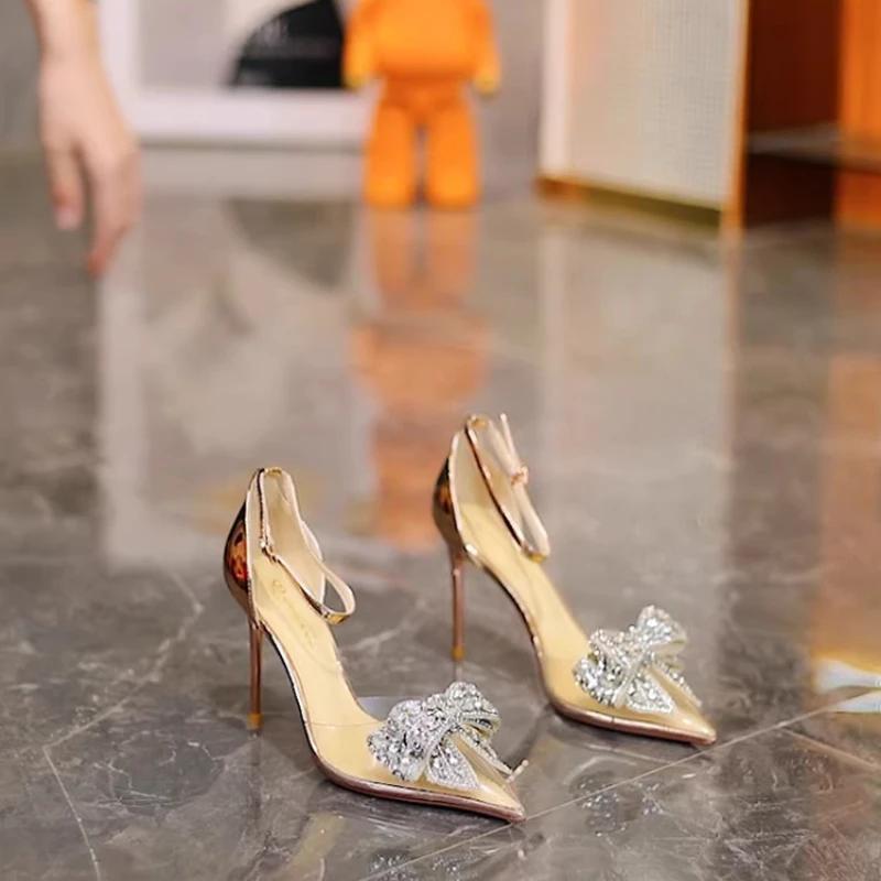 Сексуальные прозрачные туфли-лодочки со стразами, бабочка-узел, острый носок, свадебные туфли на высоком каблуке, весна-лето 2024