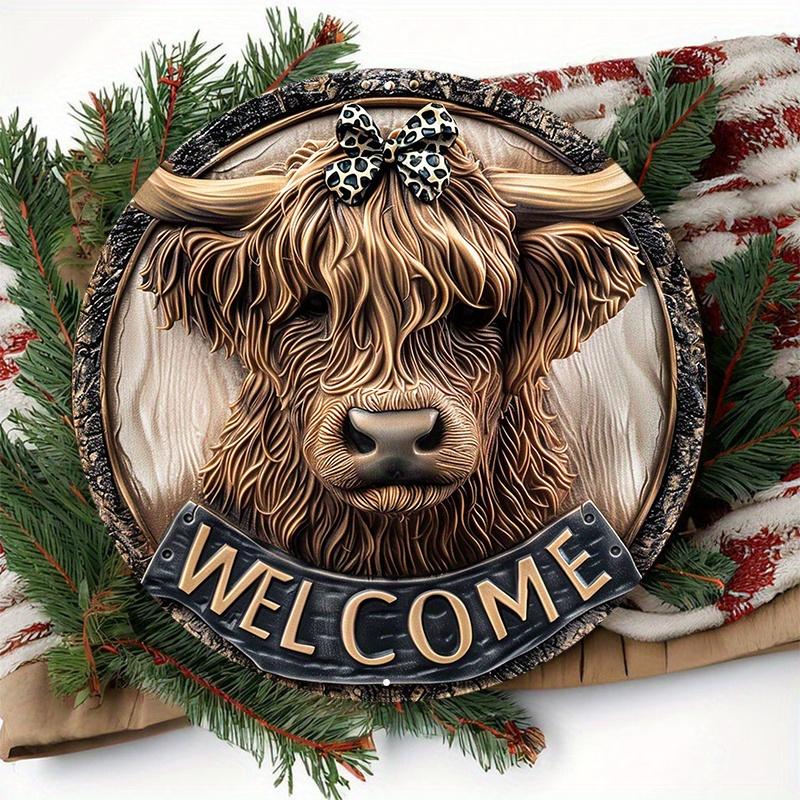 Wooden Door Hanger, Highland Cow Welcome Sign, Pre-drilled Weather Resistant, Wall Decor with HD Printing for Door, Wall, Home, Room, Farmhouse Street