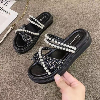 Мода 2024 года, новые летние женские тапочки с круглым носком, жемчужные украшения, пляжные сандалии, повседневные римские туфли на толстой подошве, черные/бежевые