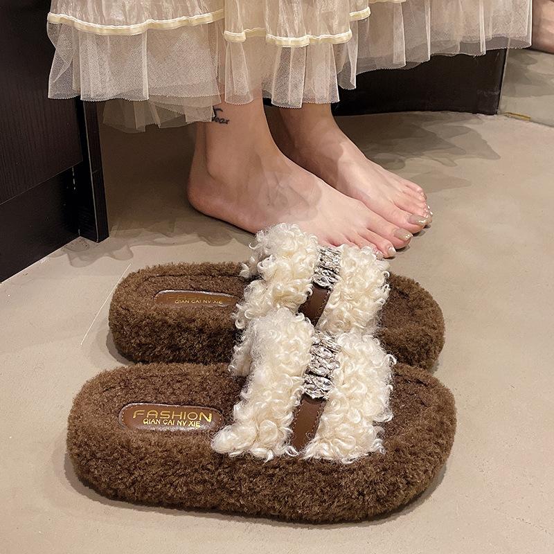 Lamb Wool Slippers Women's 2025 Autumn and Winter New Slope Heel Muffin Thick Bottom Outer Wear One Word High Heel Cotton Drag Tide