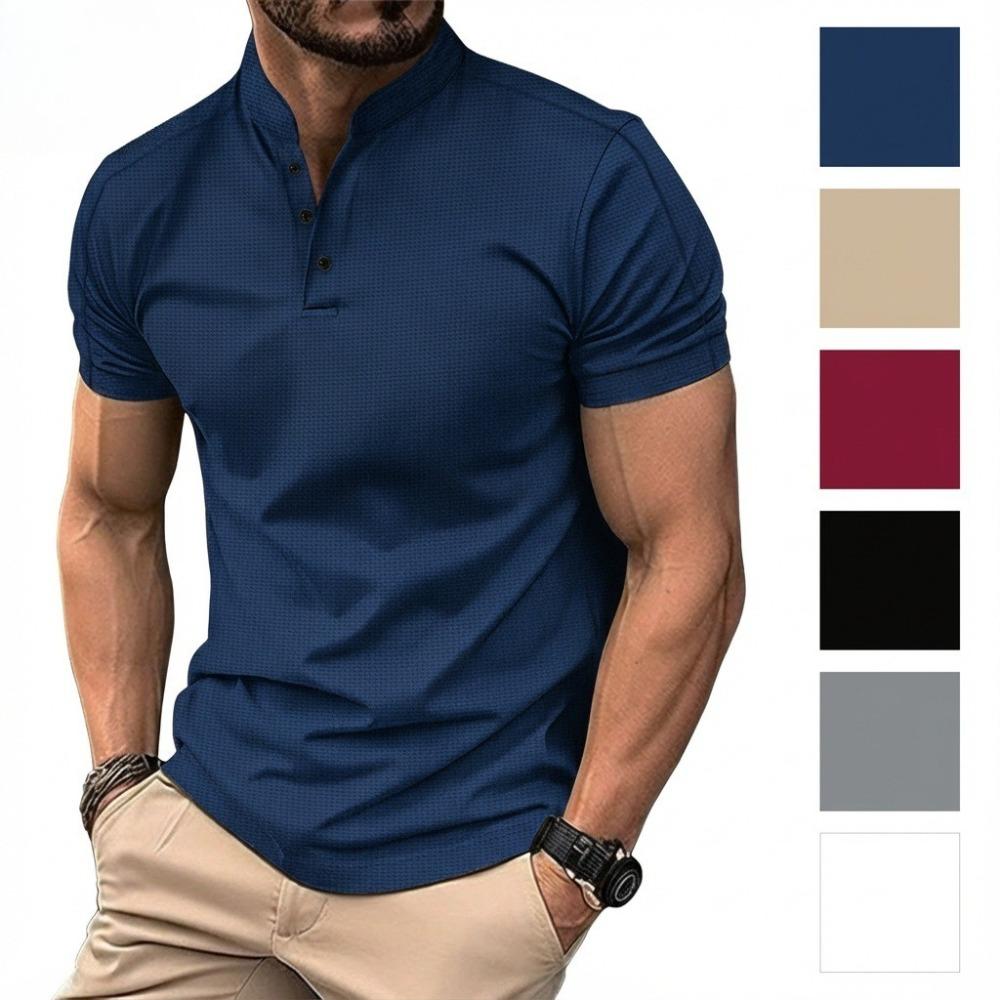 Men's short-sleeved polo shirt with a stand-up collar and waffle henley neckline