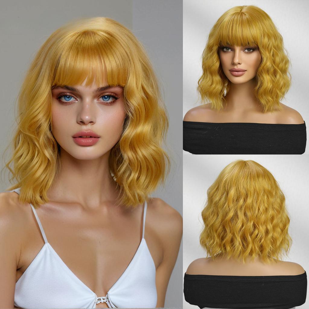 Women's Front Lace Heat Resistant Short Curly Wig with Blunt Bangs Ladies Fashion Natural Looking Golden Bobo Wig