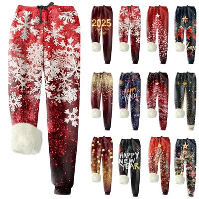 Женские модные рождественские спортивные свободные утолщенные теплые флисовые брюки с принтом