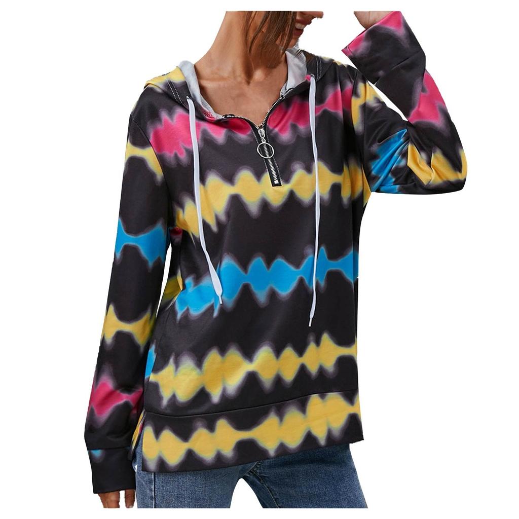 Women's Fashion Wave Printed Striped Drawstring Hooded Casual Sweatshirt Top