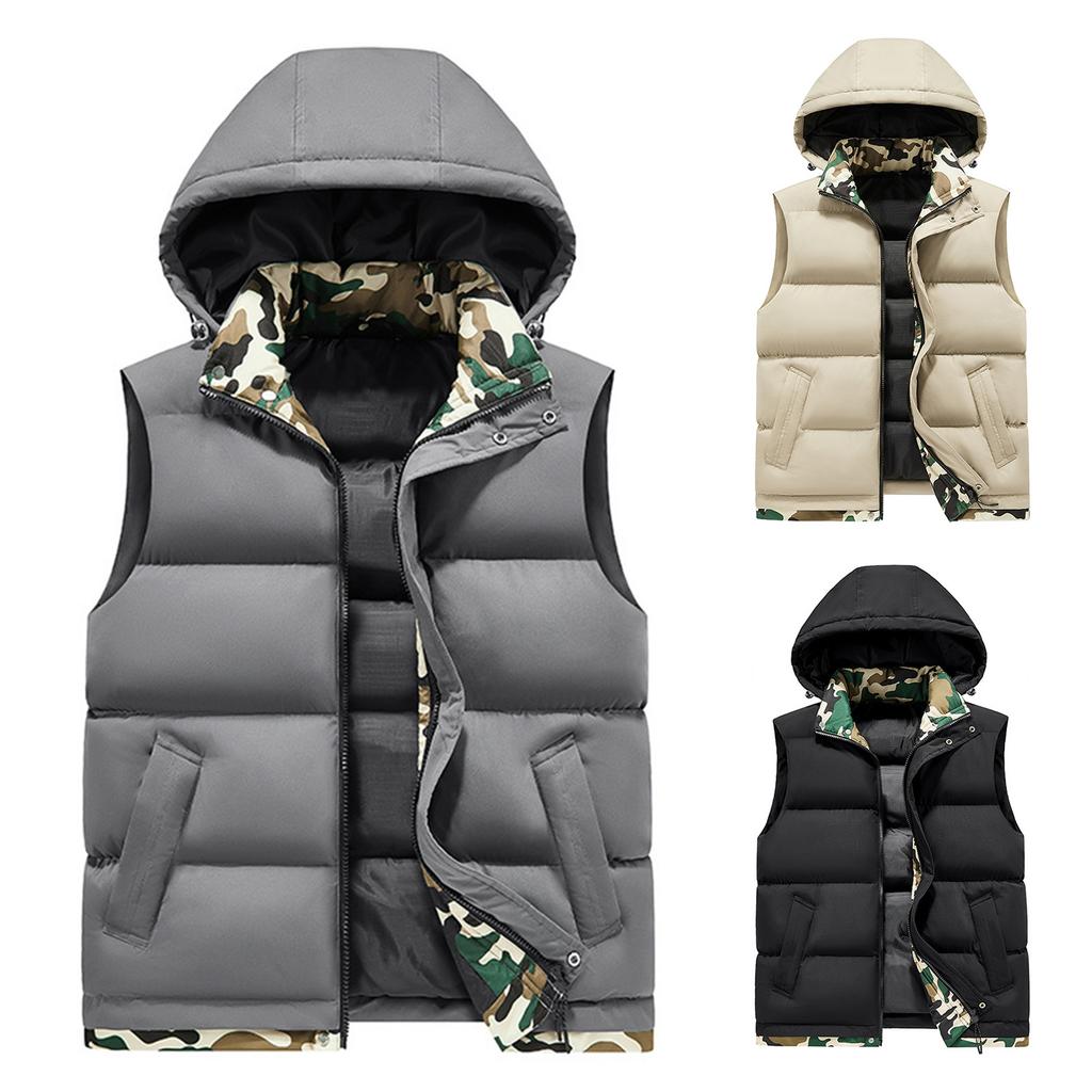 Men's Casual Solid Color Inner Camouflage, Cotton Thickened Windproof Vest, Men's Stand-up Collar Hooded Sleeveless Vest Jacket