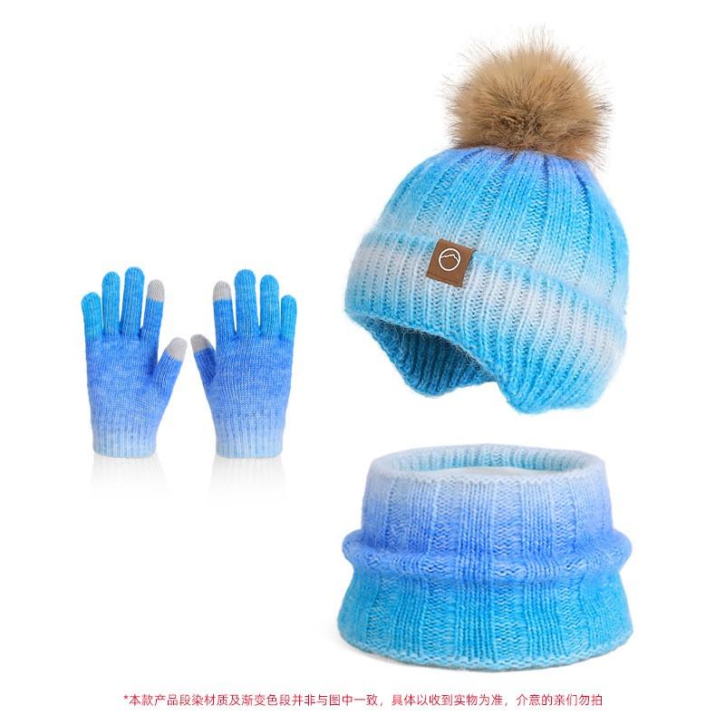 Kids Winter Warm Knit Hat Scarf Gloves Set Boys Girls Acrylic Beanie With Ear Protection Gradient Color