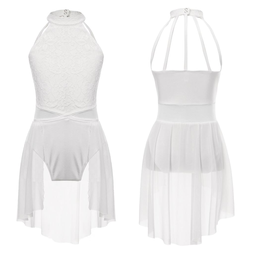 Лирическое платье для девочек, кружевное платье с цветочным принтом и открытой спиной, танцевальное трико с неровным подолом, детская танцевальная одежда