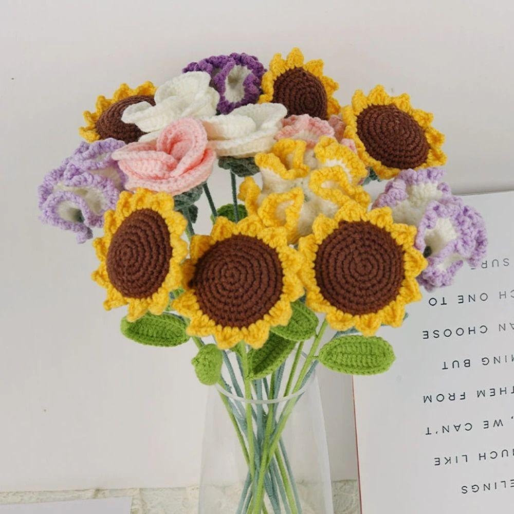 House DIY Finished Product Sunflower Bouquet Vase Ornament Knited Flower Table Fake Flowers