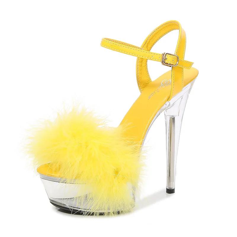 Мода 2025 Новые 6 цветов Перья Толстый высокий каблук Сандалии на платформе Женские 13см 14,5см Каблуки Обувь Женская Летняя Свадебные туфли-лодочки