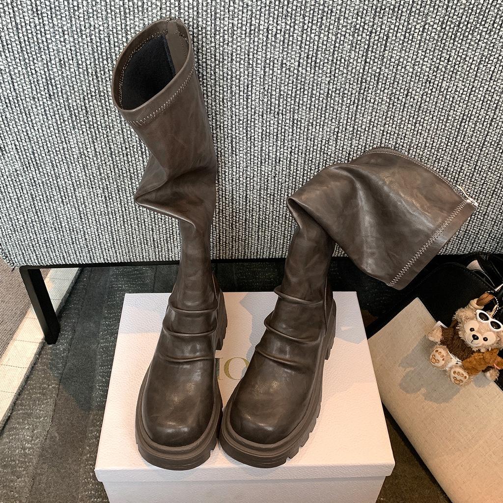Сапоги Su Yinyin из коровьей кожи того же стиля, толстые подошвы, толстые каблуки, плиссированные, средние и высокие эластичные штабелируемые сапоги, женские сапоги