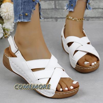 Сандалии летние с открытым носком женские пляжные туфли на танкетке нескользящие с пряжкой ремешок толстая подошва женская обувь рыбий рот большой размер