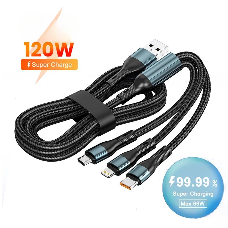 120W 1.2M 3 In 1 USB Fast Charging Cable Type C Lightning Micro USB Cable Data Cord For Iphone 16 15 Realme Samsung Huawei Phone USB Charging Cable