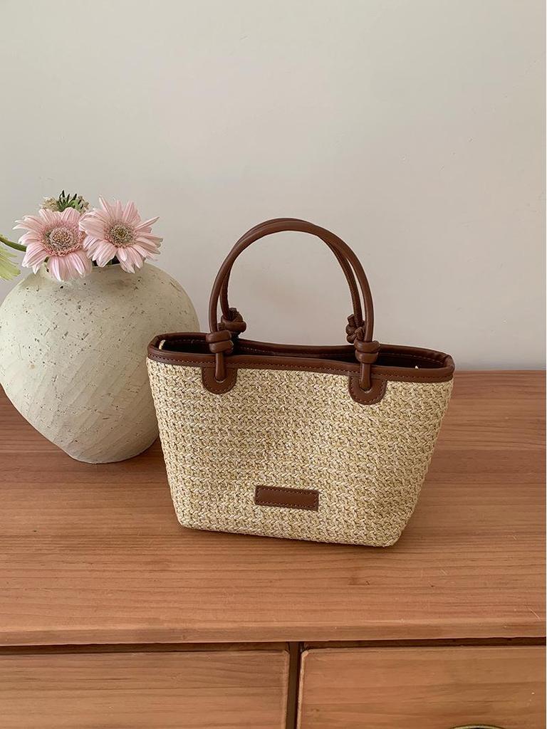 "2025 Summer Beach Straw Woven Handbag with Rope Knot Design"