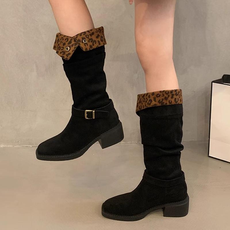 Замшевые женские высокие сапоги на толстом каблуке до колена, туфли на среднем каблуке, зимняя женская тенденция 2024 года, новые готические модные туфли-лодочки Snow Chelsea Botas Mujer