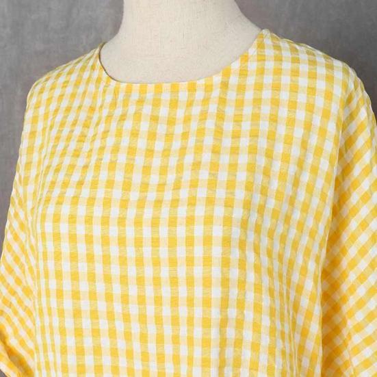 Summer Women Dress O Neck Check Print A-line Big Hem Short Sleeves Pleated Loose Pullover Commute Dating Maxi Dress Daily Long Dress