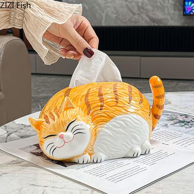 Милая мультяшная рыжая кошка Керамическая коробка для салфеток Декорация для журнального столика и рабочего стола Креативная коробка для салфеток Прикроватная тумбочка Чехол для бумажных полотенец