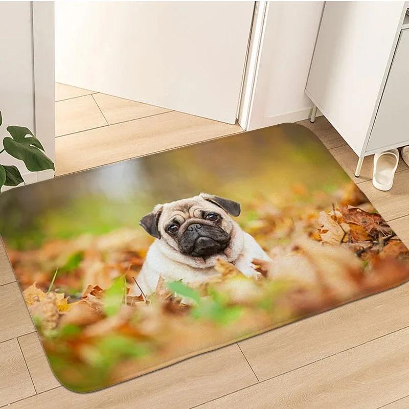 Cute Pug Dog Pattern Welcome Mat Non-Slip Indoor Outdoor Home Decor Carpet Kitchen Floor Rugs Bedroom Bathroom Entrance Doormat