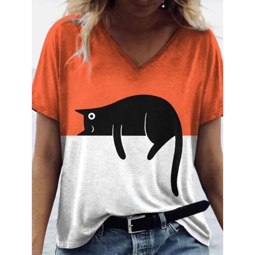 Футболка с V-образным вырезом и короткими рукавами, модная женская футболка, принт с кошкой, летняя одежда оверсайз, женская футболка