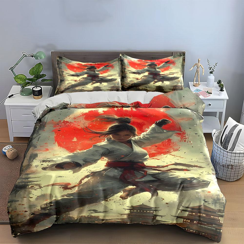 Martial artist, red sun. Bedding sets Duvet cover sets Duvet covers Pillowcases(1 * Duvet Cover 2 * Pillowcases without duvet insert)
