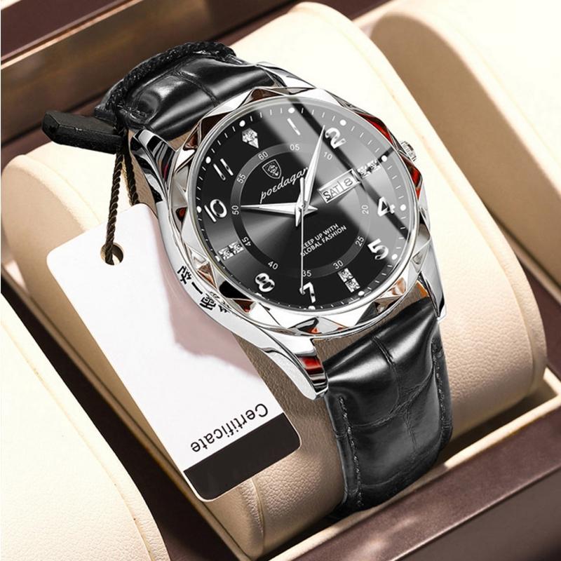 2024 Новый тренд, модные роскошные мужские часы, светящиеся водонепроницаемые часы с двойным календарем, ультратонкие кожаные мужские часы с автоматическим механизмом, украшенные бриллиантами