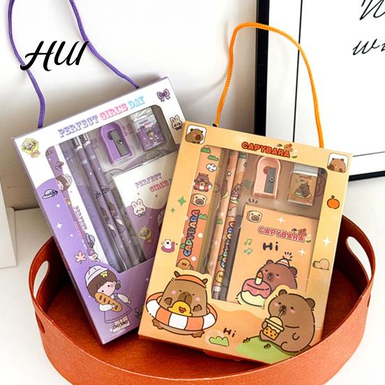 School Supplies Gift Set 6Pcs Cute Stationery Portable Box Kawaii Eraser Pencil Sharpener Cartoon Capybara Panda Design Complete Kids Students