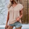 Casual Loose Women Short-Sleeved V-neck Button Pullover Solid Color T-shirt Top