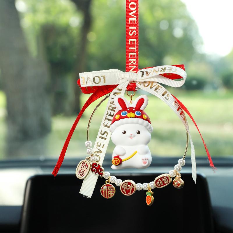 1pc Creative Lucky Rabbit Car Pendant Amulet Blessing Rearview Mirror Hanging Car Ornament Decor Xmas New Year Gift Girls
