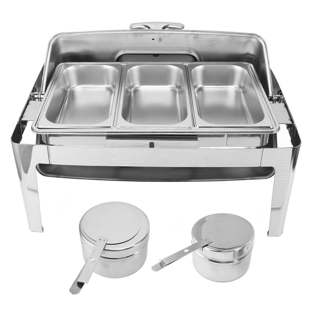 Поднос для подогрева пищи из нержавеющей стали, поднос для шведского стола, 9 л, подставка для подогрева пищи, прозрачная стеклянная крышка