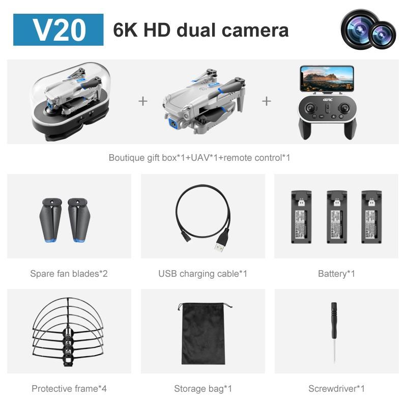 New Mini Drone V20 6K HD Camera RC Helicopter Quadrocopter One-Key Return FPV Follow Me Foldable Quadcopter Boy's Toys Gift