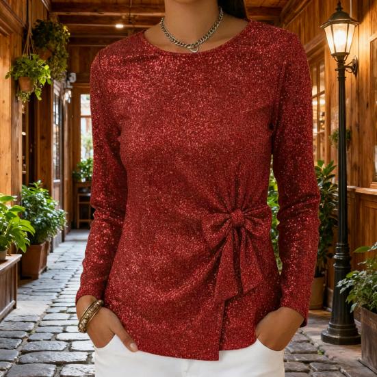 Женские топы с круглым вырезом, длинными рукавами и сверкающими пайетками, пуловеры с мерцающим бантом