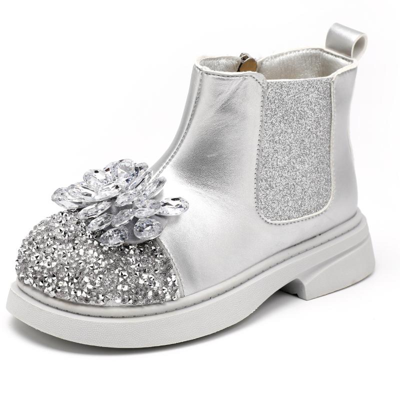Новые осенне-зимние ботильоны для девочек, роскошные детские сапоги принцессы с блестками, модные универсальные детские повседневные короткие сапоги со стразами