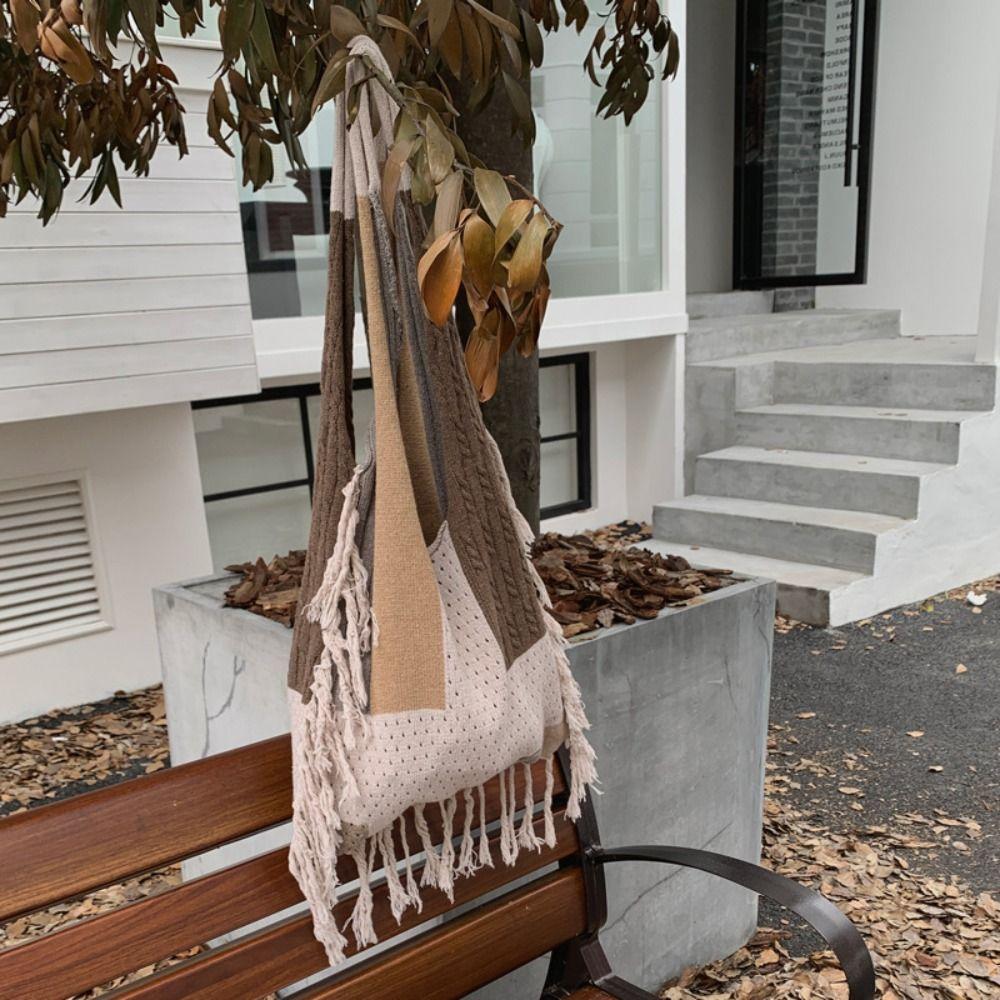 Soft Knitted Tassel Shoulder Bag Patchwork Commuting Tote Bag Trendy Boho Style Handbag  Outdoor