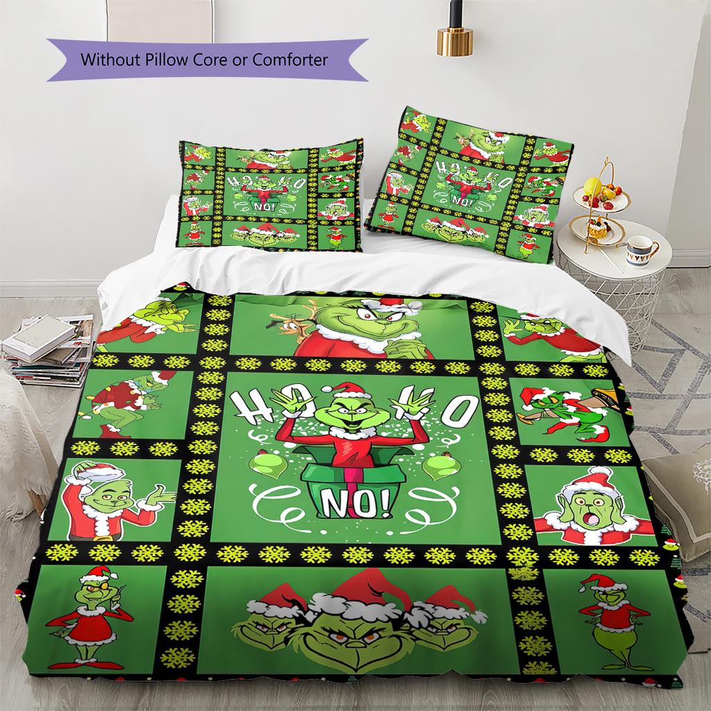 1PC Grinch pattern Bedding Quilt Set Quilt Cover Pillowcase Home Decoration Birthday Gift (1 * duvet cover + 2 * pillowcase, without core)