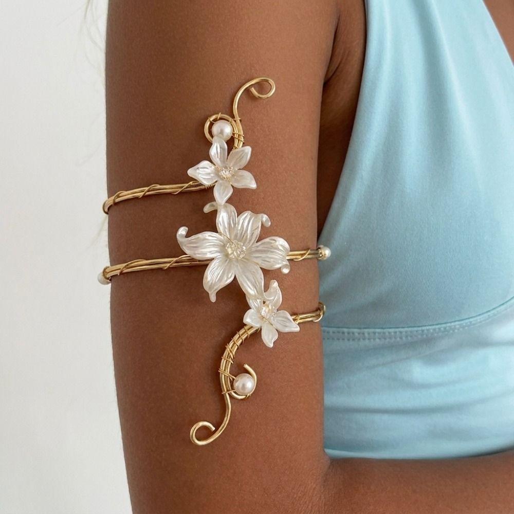 Gold Color Metal Floral Open Cuff Armlet Adjustable Open Arm Ring Beach Vacation