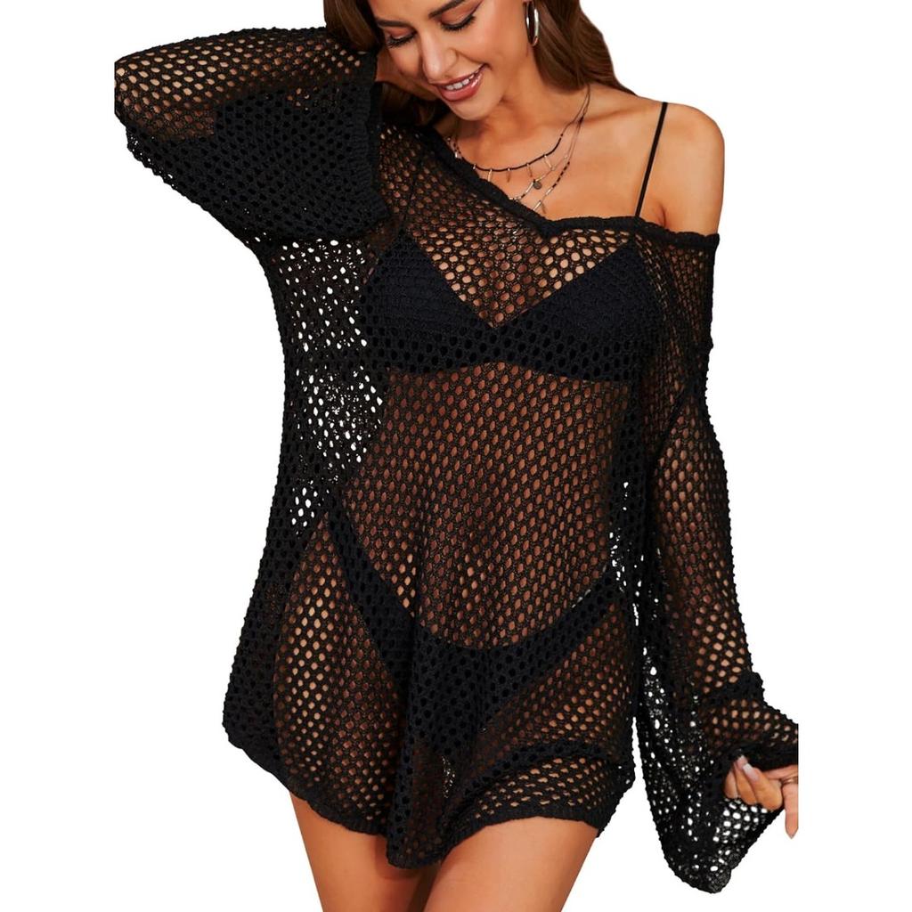 CHARMLEAKS Женский вязанный крючком купальник, накидка с рукавами-колокольчиками, пляжные накидки с открытой спиной, накидка на купальный костюм с зубчатым краем, бикини, купальник