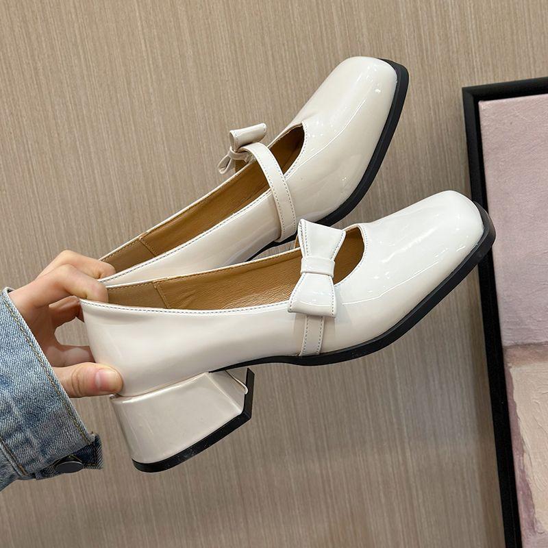 Spring New High Heels Medium Thick Heel Fashion Square Head Bright Leather Single Shoes Shallow Mouth Bow Mary Jane Shoes Women's Shoes Trend