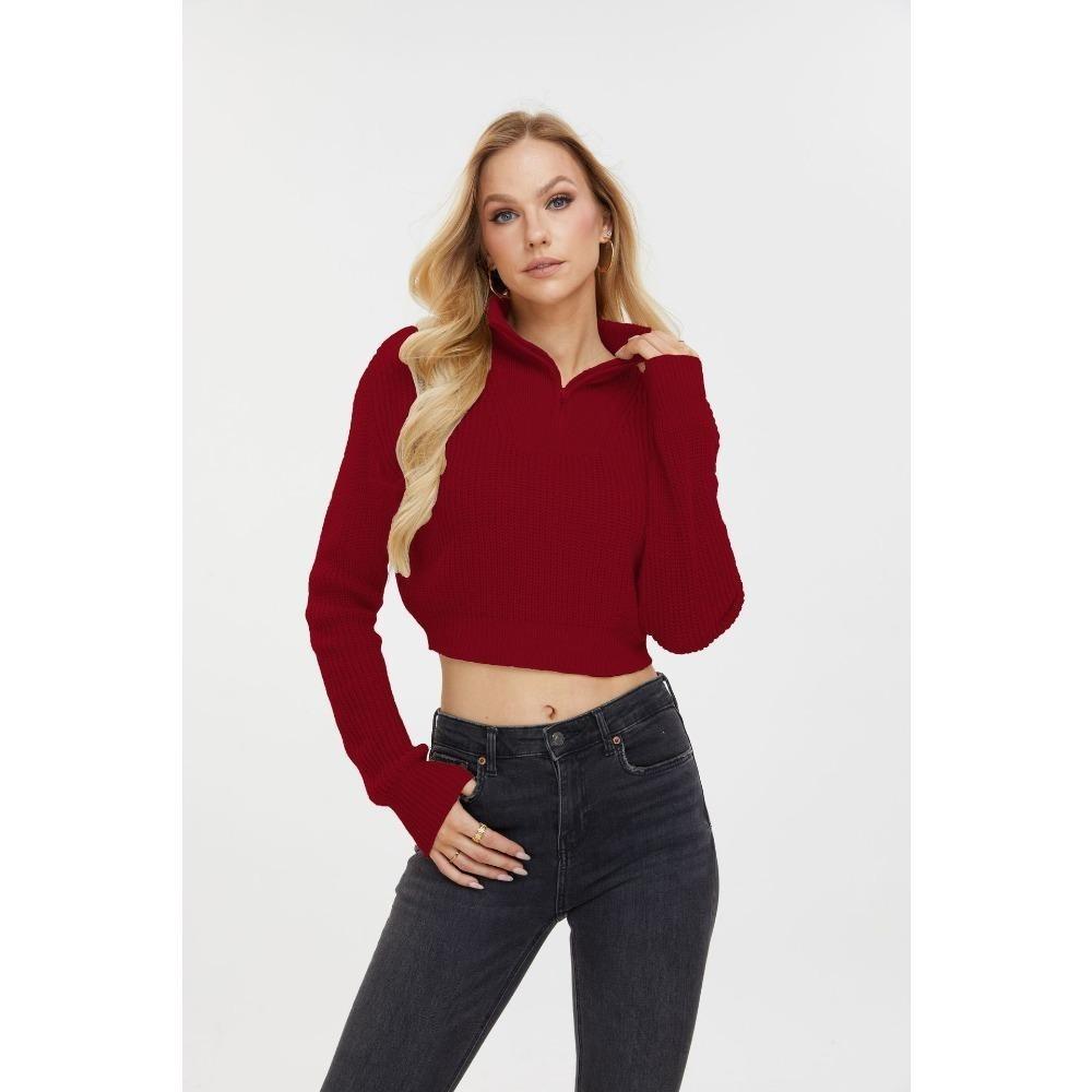 Однотонный свитер на молнии для женщин на осень и зиму, облегающий пуловер с V-образным вырезом и длинными рукавами