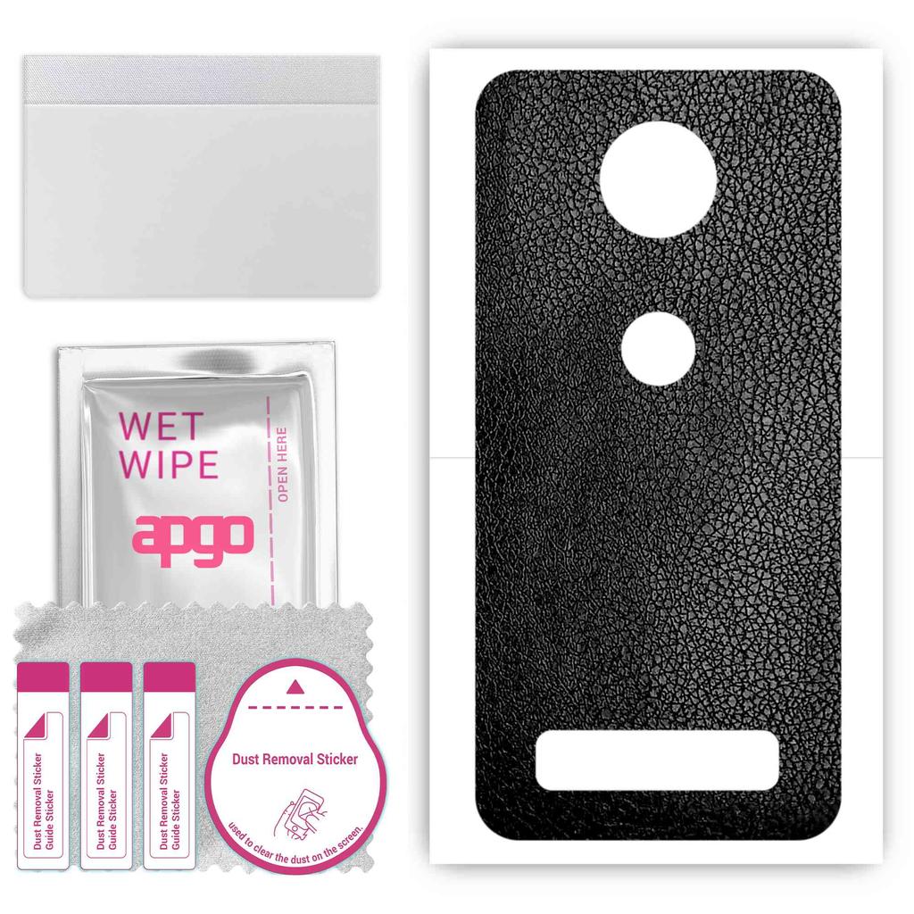 apgo Protective Skin Sticker for the Back Compatible with Motorola Moto Z3, Wrap Film, Foil, Vinyl - Pattern Black Leather