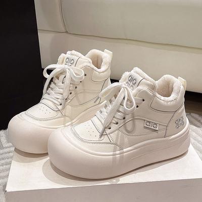 Кожаные высокие хлопковые туфли женские новые зимние бархатные утепленные теплые спортивные кеды на толстой подошве две хлопковые белые туфли