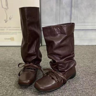 Женские ботфорты на плоской подошве Дизайнерские ботфорты выше колена Модная обувь 2025 Зимние ботинки челси на шнуровке Новый тренд Гладиаторские боты для женщин